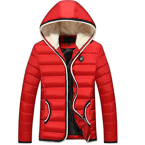 

Men's Down Parka Daily Weekend Basic Solid Colored Polyester Long Sleeve Hooded Black / Blue / Red M / L / XL