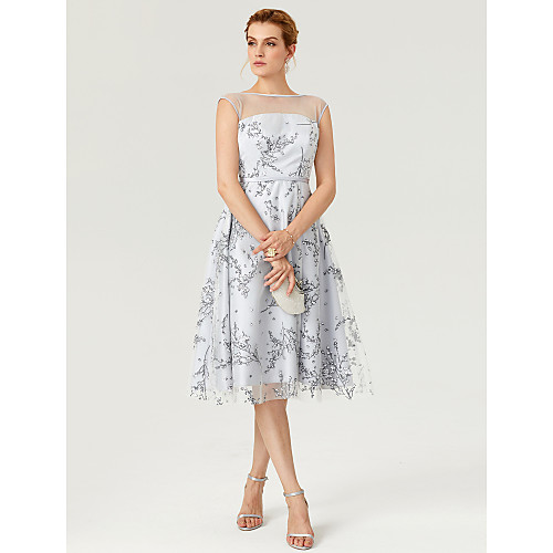 

A-Line Fit & Flare Open Back Pattern Dress Illusion Detail Cocktail Party Prom Dress Illusion Neck Sleeveless Knee Length Tulle Over Lace with Sash / Ribbon Pattern / Print 2021