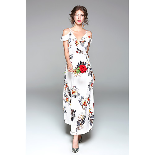 

Women's Chiffon Dress Maxi long Dress White Short Sleeve Floral Split Spring Summer V Neck Floral S M L XL