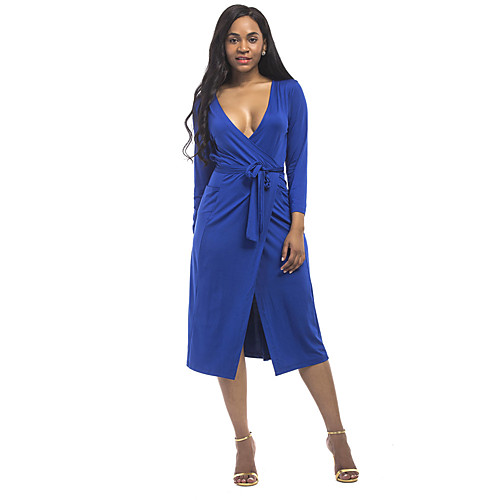 

Women's Sheath Dress Midi Dress Black Purple Fuchsia Green Royal Blue Navy Blue Long Sleeve Solid Colored Split Fall Spring Deep V Split L XL XXL 3XL / Plus Size