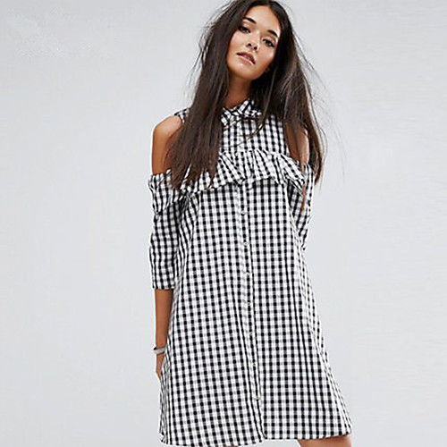 

Women's Loose Short Mini Dress Black Half Sleeve Check Summer Shirt Collar Casual Streetwear Cut Out