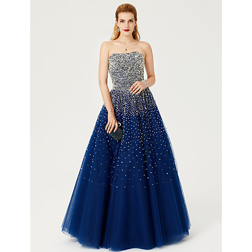 

Ball Gown Formal Evening Dress Strapless Floor Length Satin Tulle Stretch Satin with Sequin 2021