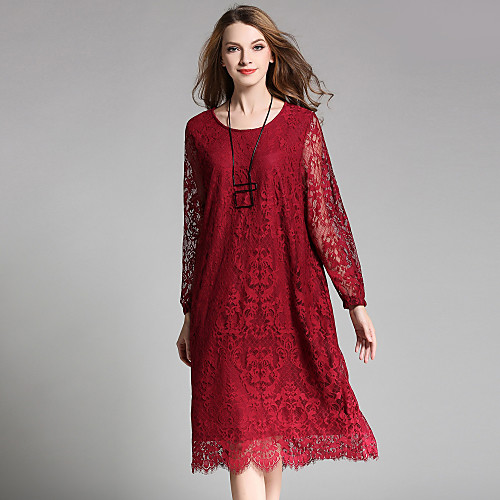 

Women's Loose Midi Dress Black Wine Gray Long Sleeve Lace Cut Out Lace Fall Spring Round Neck Party Going out Lace Loose Lace XL XXL 3XL 4XL