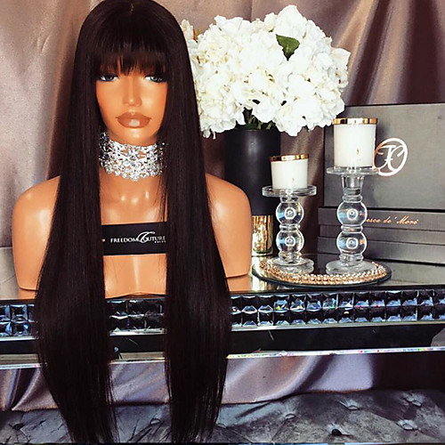 

Remy Human Hair Glueless Lace Front Lace Front Wig With Bangs style Brazilian Hair Straight Wig 130% Density with Baby Hair Natural Hairline African American Wig 100% Hand Tied Women's Short Medium