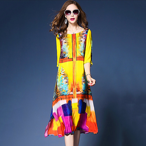 

Women's Loose Midi Dress Yellow 3/4 Length Sleeve Abstract Print Spring Summer Round Neck M L XL XXL