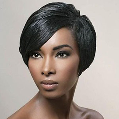 

Human Hair Blend Wig Short Straight Pixie Cut Short Hairstyles 2020 With Bangs Berry Straight Short Side Part Machine Made Women's Jet Black #1