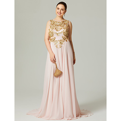 

A-Line Jewel Neck Sweep / Brush Train Chiffon Beautiful Back / Pastel Colors / Beaded & Sequin Prom / Formal Evening Dress with Pleats / Sequin / Appliques 2020