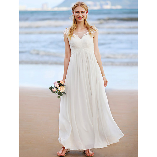 

A-Line Wedding Dresses Jewel Neck Ankle Length Chiffon Lace Over Tulle Cap Sleeve Casual Beach Little White Dress Plus Size with Criss Cross Ruched Appliques 2021