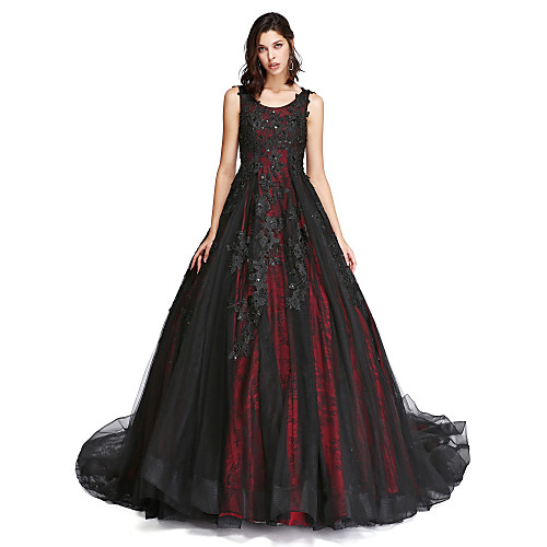 

Ball Gown Vintage Inspired Formal Evening Dress Scoop Neck Sleeveless Cathedral Train Lace Tulle with Lace Pearls Beading 2021