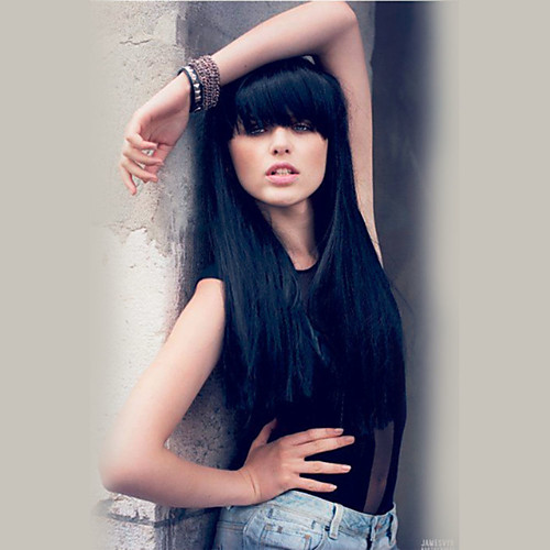

Human Hair Blend Wig Long Straight With Bangs Straight Machine Made Women's Natural Black #1B