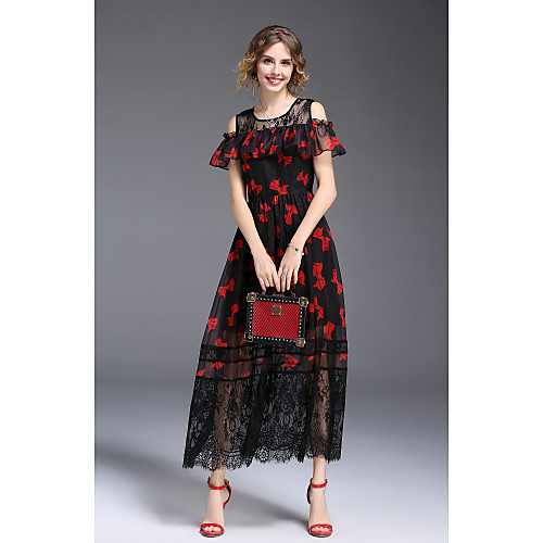

Women's Sheath Dress Midi Dress Black Short Sleeve Multi Color Lace Bow Print Summer Round Neck Vintage Streetwear Party Going out Puff Sleeve Lace Loose Off Shoulder S M L XL / Ruffle