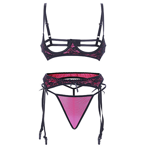 

Women's Lace Bras Padless Open Cup Bras & Panties Sets Patchwork Blue Fuchsia