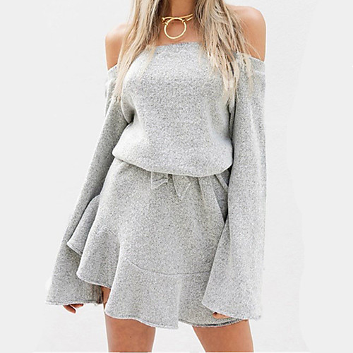 

Women's Loose Short Mini Dress Gray Long Sleeve Solid Colored Ruffle Fall Winter Off Shoulder Flare Cuff Sleeve Off Shoulder S M L XL