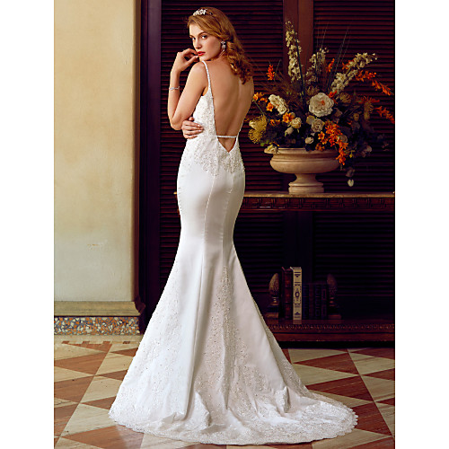 

Mermaid / Trumpet Wedding Dresses Spaghetti Strap Sweep / Brush Train Satin Sleeveless Open Back with Pearls Beading 2021