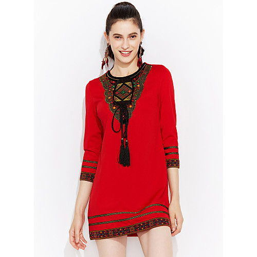 

Women's A Line Dress Short Mini Dress Black Red Long Sleeve Red Embroidered Spring Round Neck Streetwear Sophisticated Boho Bohemia Beach M L XL XXL 3XL 4XL / Plus Size