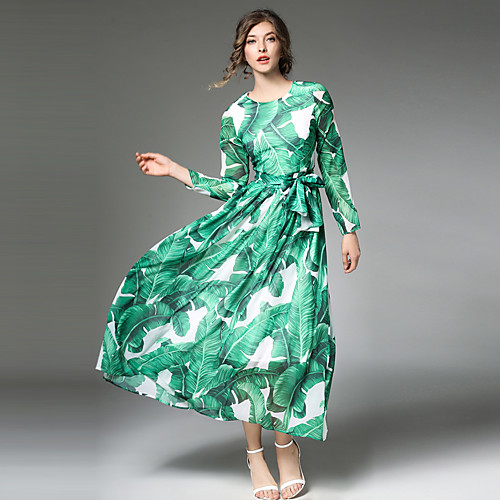 

Women's A Line Dress Midi Dress Green Long Sleeve Patchwork Round Neck Vintage Streetwear Sophisticated Party Going out S M L XL XXL