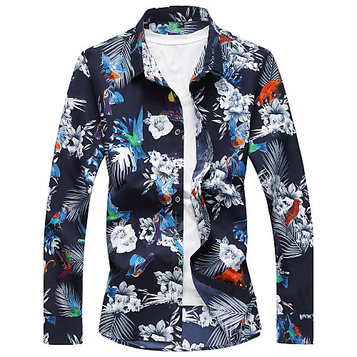 

Men's Floral Geometric Shirt - Cotton Street chic Going out Party / Cocktail Navy Blue / Fall / Winter / Long Sleeve