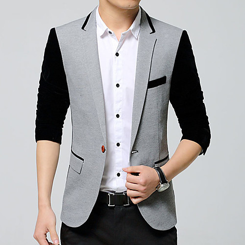 

Black / Gray Color Block Slim Acrylic / Cotton Men's Suit - Shirt Collar / Long Sleeve / Work / Plus Size