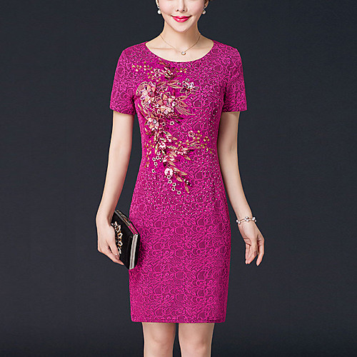 

Women's Bodycon Short Mini Dress Red Fuchsia Short Sleeve Solid Colored Embroidered Beaded Fall Summer Round Neck Sophisticated M L XL XXL 3XL 4XL / Plus Size