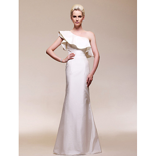 

Mermaid / Trumpet White Elegant Wedding Guest Formal Evening Dress One Shoulder Sleeveless Floor Length Taffeta with Ruffles 2021