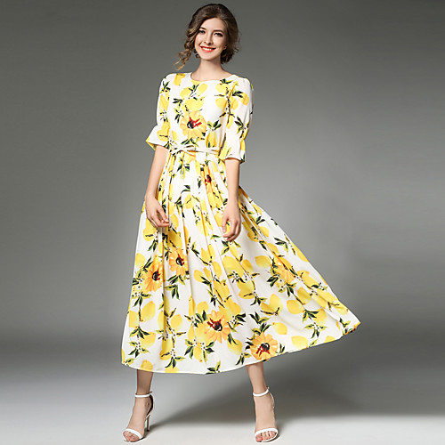 

Women's A Line Dress Midi Dress Yellow Half Sleeve Patchwork All Seasons Round Neck Vintage Streetwear Sophisticated Party Going out Floral S M L XL XXL