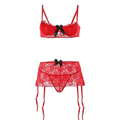 

Women's Lace Bras Demi-cup Bras & Panties Sets Patchwork Cotton Red
