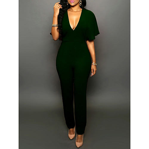 

Women's Weekend Deep V Wine Army Green Slim Jumpsuit Solid Colored