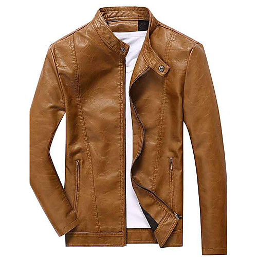 

Men's Leather Jackets Solid Colored Fall Jacket Regular Daily Long Sleeve Rayon Coat Tops Black