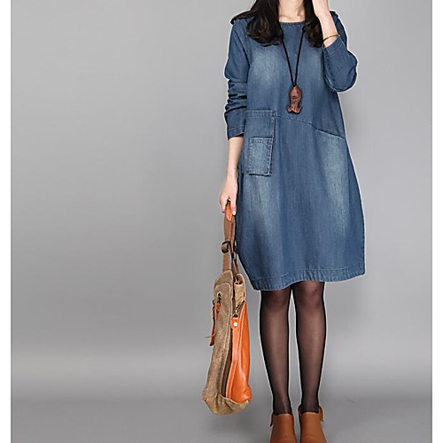 

Women's Denim Dress Short Mini Dress Blue 3/4 Length Sleeve Solid Colored Fall Spring Round Neck M L XL XXL 3XL / Plus Size