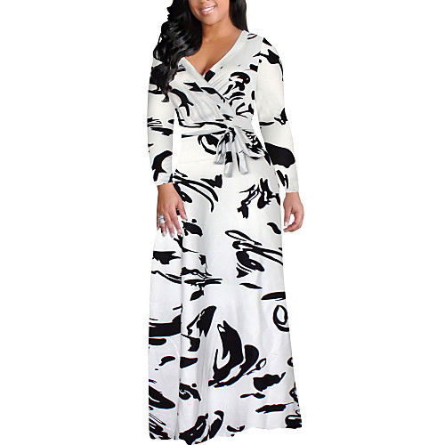 

Women's Swing Dress Maxi long Dress White Long Sleeve Print Fall Spring V Neck Vintage Streetwear L XL XXL 3XL 4XL 5XL
