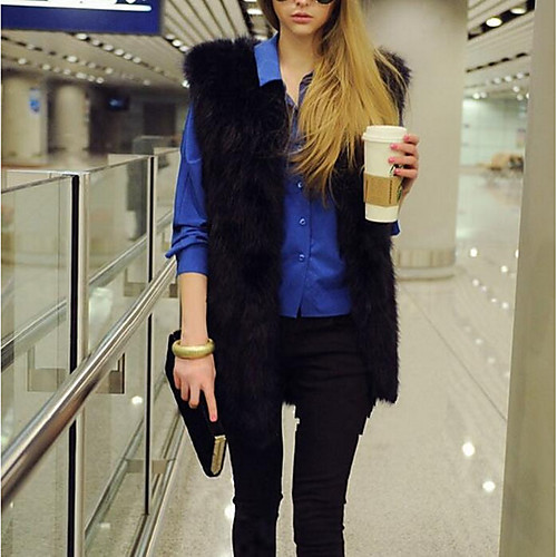

Women's Solid Colored Streetwear Fall Fur Coat Long Daily Sleeveless Faux Fur Coat Tops White