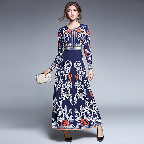 

Women's A Line Dress Midi Dress Blue Long Sleeve Patchwork All Seasons Round Neck Vintage Streetwear Sophisticated Party Going out S M L XL