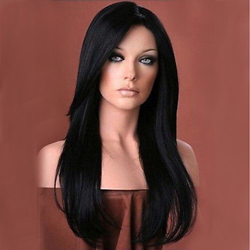 

Synthetic Wig Natural Wave Kardashian Natural Wave With Bangs Wig Long Black#1B Synthetic Hair Women's Side Part Black MAYSU
