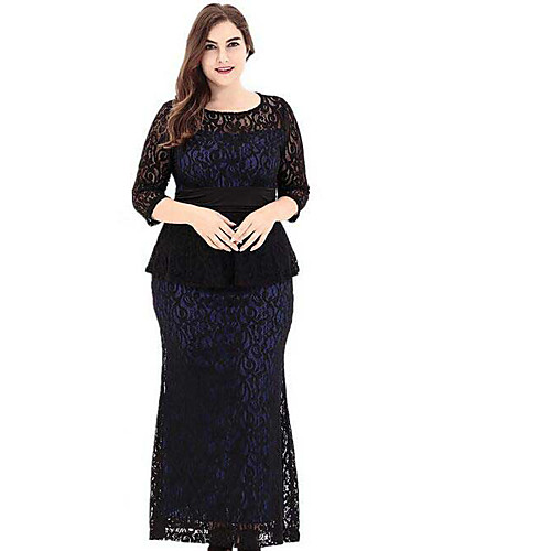 

Women's Sheath Dress Maxi long Dress Blue Red 3/4 Length Sleeve Solid Colored Fall Round Neck Lace XL XXL 3XL 4XL 5XL 6XL