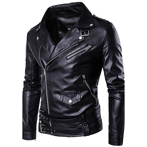 

Men's Leather Jackets Solid Colored Basic Fall Notch lapel collar Jacket Regular Daily Long Sleeve PU Coat Tops Black