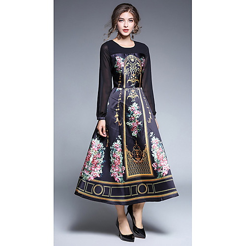 

Women's Swing Dress Maxi long Dress Black Long Sleeve Floral Fall Spring Round Neck Streetwear Holiday Going out M L XL XXL