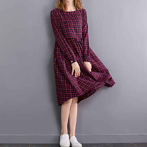 

Women's A Line Dress Short Mini Dress Red Long Sleeve Plaid Check Fall Spring Round Neck Cotton M L XL XXL