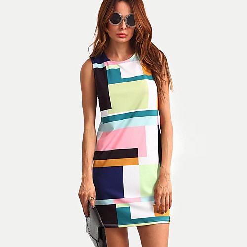 

Women's Sheath Dress Short Mini Dress Rainbow Sleeveless Geometric Print Summer Round Neck Cotton S M L XL