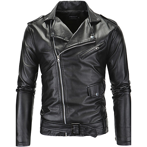 

Men's Party / Daily / Sports Street chic / Punk & Gothic Fall / Winter Regular Leather Jacket, Solid Colored / Color Block Notch Lapel Long Sleeve PU Black / Work / Slim