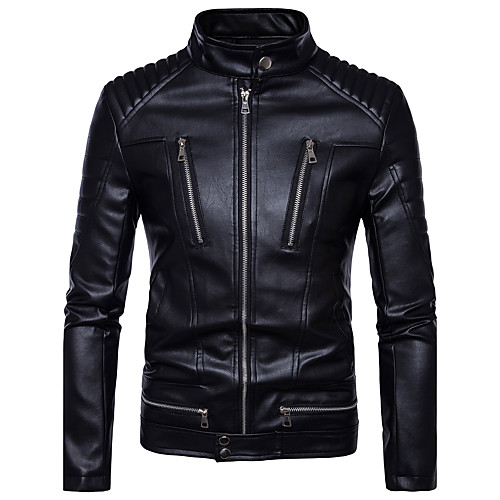 

Men's Leather Jackets Solid Colored Basic Fall Faux Leather Jacket Regular Daily Long Sleeve PU Coat Tops Black