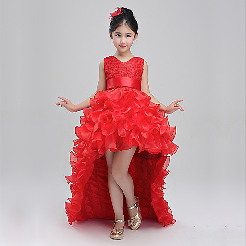 

Princess Sweep / Brush Train Satin Sleeveless V Neck with Stitching Lace / Satin Bow / Flower