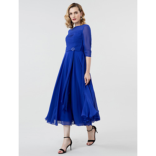 

A-Line Elegant Formal Evening Wedding Party Dress Boat Neck 3/4 Length Sleeve Tea Length Georgette with Ruched Crystal Brooch 2021