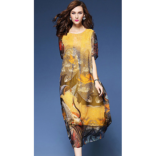 

Women's A Line Dress Midi Dress Yellow Short Sleeve Crane Print Summer Round Neck Vintage Streetwear Holiday Going out Loose Boho Bohemia Beach M L XL XXL 3XL