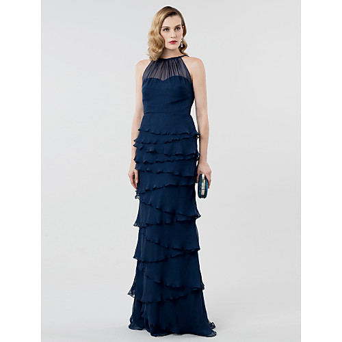 

Sheath / Column Elegant Holiday Cocktail Party Prom Dress Illusion Neck Sleeveless Floor Length Chiffon with Pleats Tiered 2021