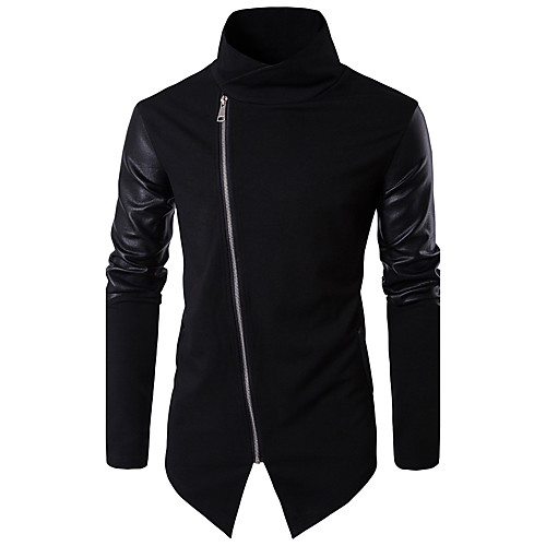 

Men's Basic Jackets Solid Colored Patchwork Fall Jacket Regular Daily Long Sleeve PU Coat Tops Black