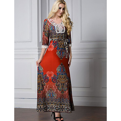 

Women's Jalabiya Maxi long Dress Red Long Sleeve Tribal Print Summer Round Neck Cotton L XL XXL 3XL 4XL 5XL 6XL 7XL / Plus Size