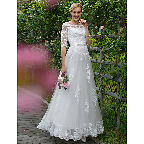 

Princess A-Line Wedding Dresses Off Shoulder Floor Length Lace Tulle Half Sleeve Floral Lace with Sashes / Ribbons Appliques 2021