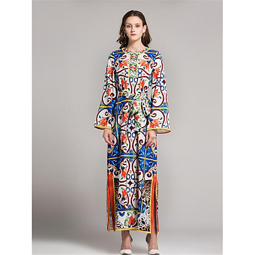 

Women's Jalabiya Midi Dress Rainbow Long Sleeve Solid Colored Print Summer Round Neck Going out Cotton Floral S M L XL XXL 3XL