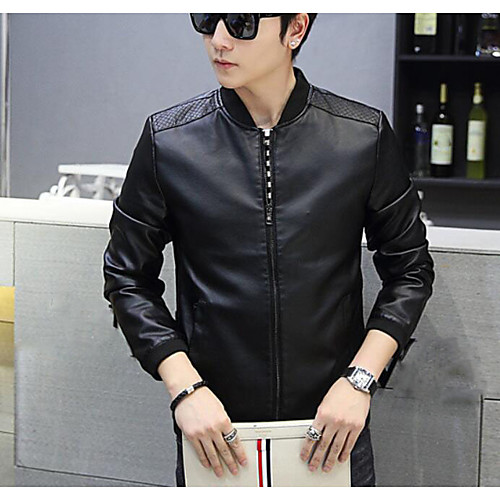 

Men's Leather Jackets Solid Colored Basic Fall Faux Leather Jacket Regular Daily Long Sleeve Cowhide Coat Tops Black