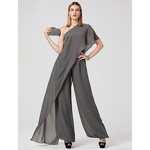 

Jumpsuits Sexy Grey Wedding Guest Formal Evening Dress One Shoulder Sleeveless Floor Length Chiffon with Draping 2020